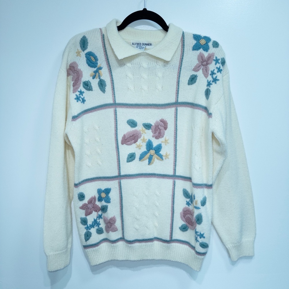 Vintage Alfred Dunner White‎ Embroidered Floral Sweater Size Small